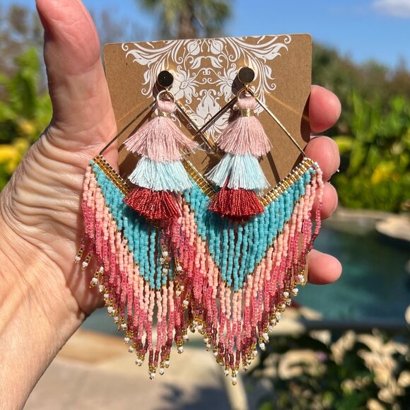 Handmade Beaded Long Tassel Fringe Dangle Drop Bohemian Post Diamond Earrings - Picture 3 of 9